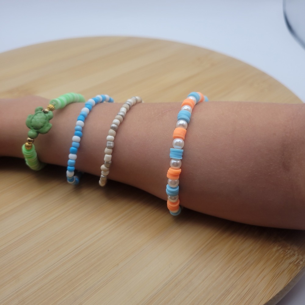 Handmade Clay Bead Seed Bead Bracelet Set of 4 Summer Turtle Theme Kids Jewelry - Picture 2 of 8